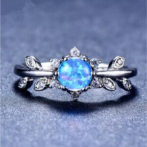 Silver Round Cut Blue Simulated Opal Rings Couple's Day Gift Size6